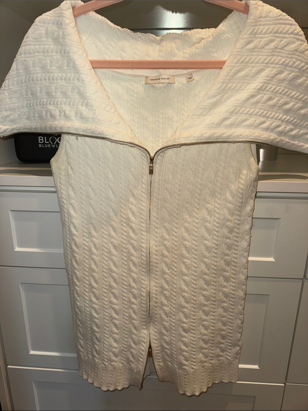 Rebecca Taylor Ivory Cable-Knit Zip-Up Vest with Wide Collar